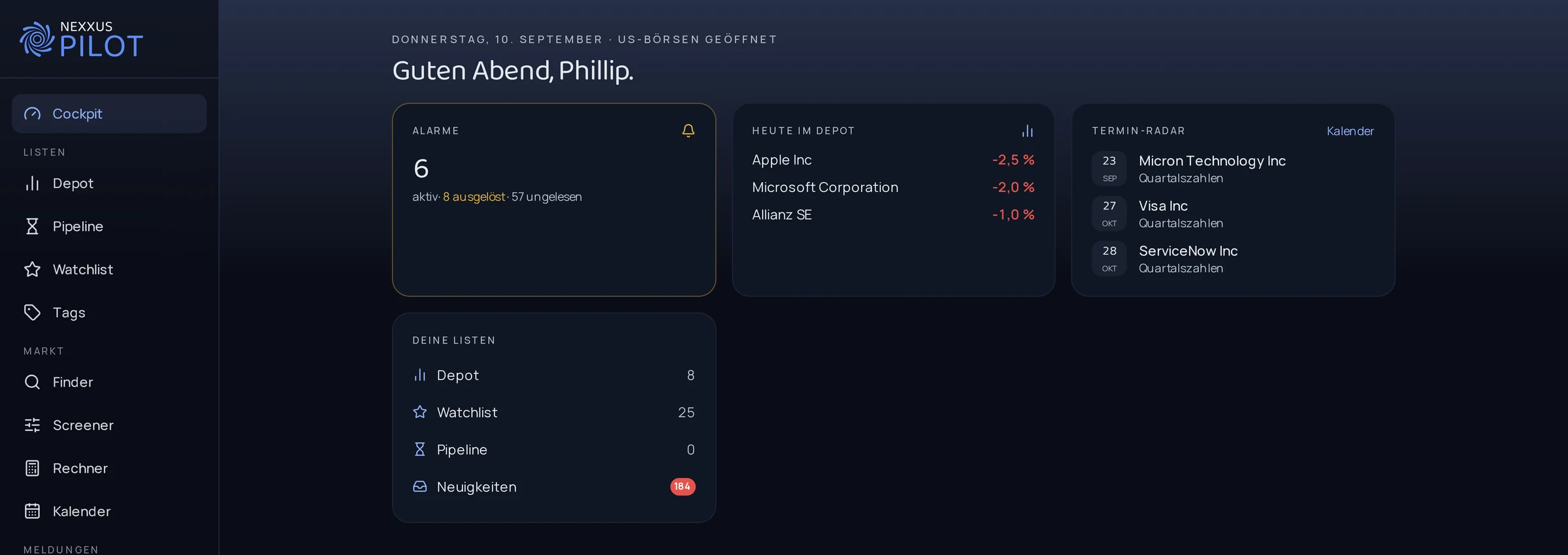 The Nexxus Pilot cockpit: alerts, today’s moves and upcoming dates at a glance
